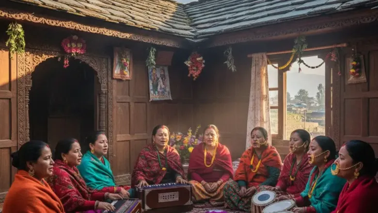 A group of women in traditional attire singing and playing instruments like the harmonium and tabla in an ornate wooden courtyard