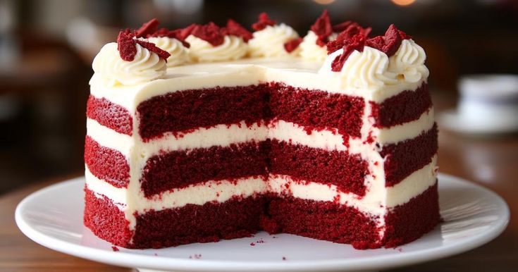 This may contain: a red velvet cake with white frosting on a plate