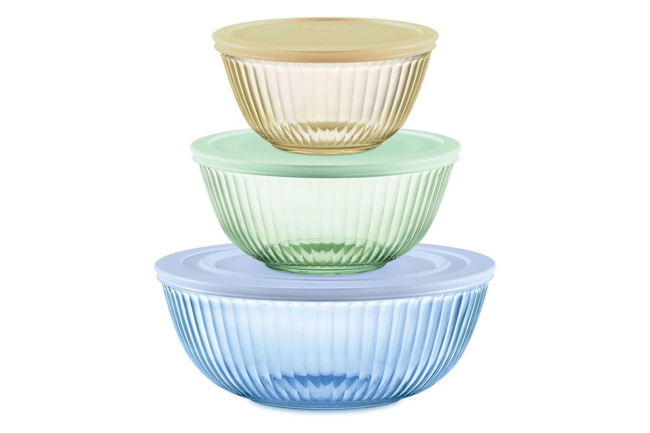 Pyrex Colors Tinted (3-Pack, Full Set) Sculpted Tinted Glass Mixing Bowls With Lids, Nesting Space Amazon