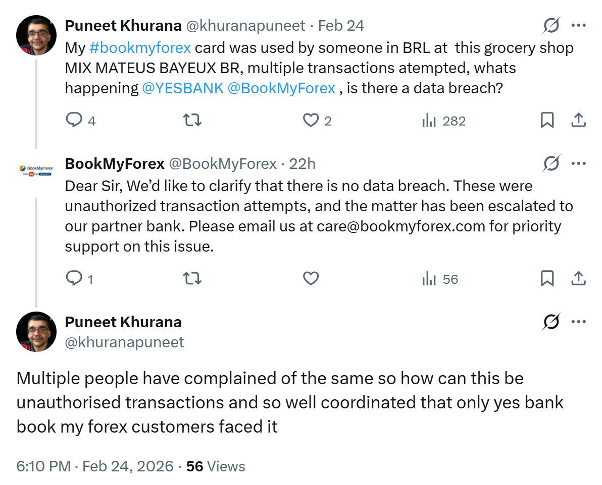 YES Bank BookMyForex Cards See Unauthorised Transactions; Data Breach Suspected 