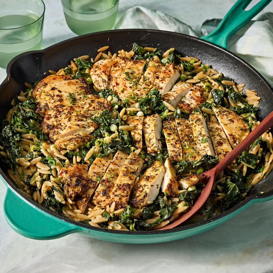 A recipe image of High-Protein Dill Chicken Orzo. Credit: Photographer: Jen Causey, Food Stylist: Chelsea Zimmer, Prop Stylist: Claire Spolle.
