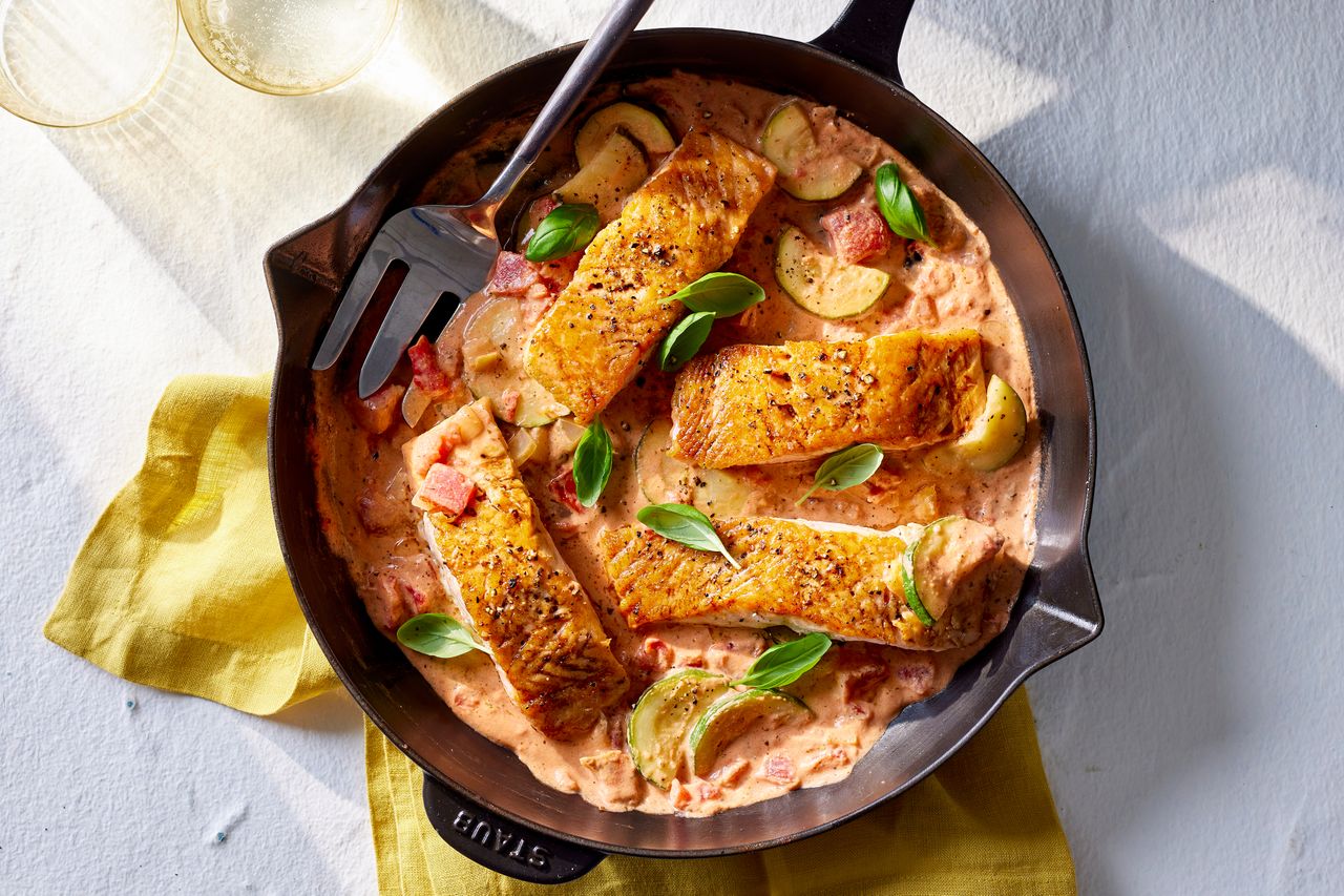 20-Minute Creamy Tomato Salmon Skillet Credit: Photographer: Carson DowningFood Stylist: Holly DreesmanProp Stylist: Gabriel Greco