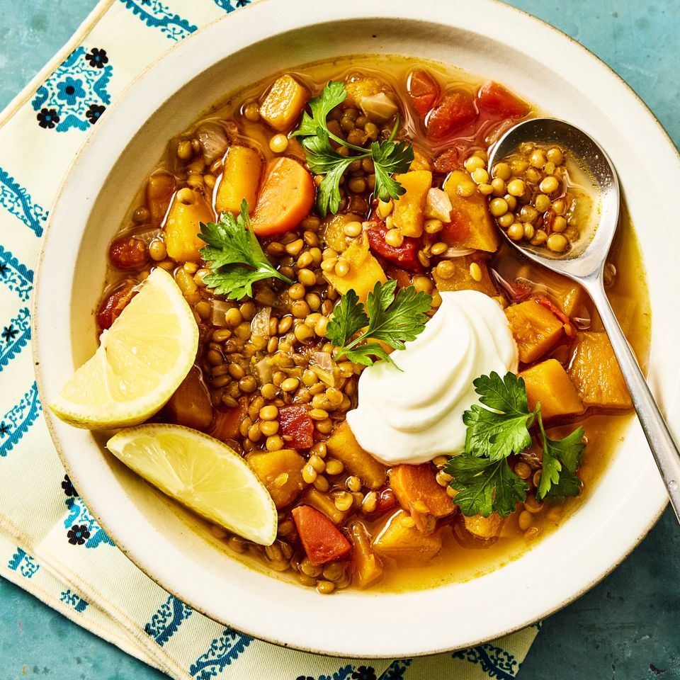 A recipe image of High-Protein Butternut Squash & Lentil Soup. Credit: Photographer: Morgan Hunt Ward, Prop Stylist: Priscilla Montiel, Food Stylist: Chelsea Zimmer.