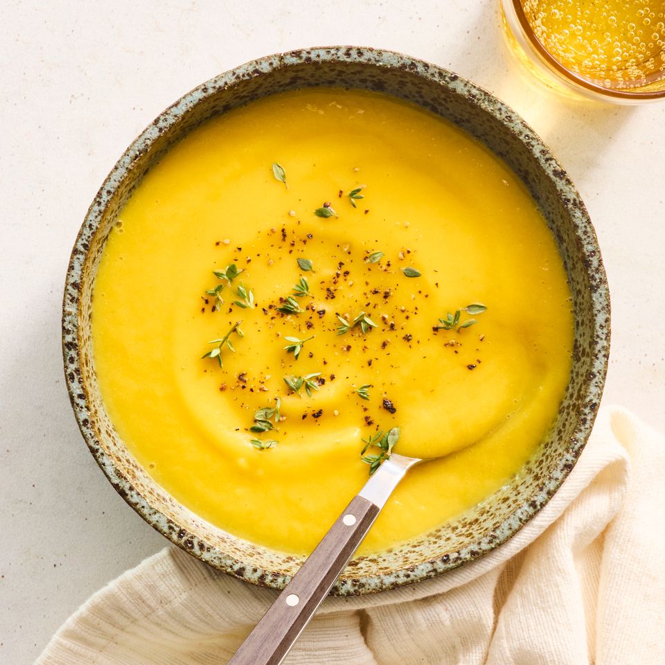 Recipe image of Simple Butternut Squash Soup Credit: Photographer: Stacy K. Allen, Food Stylist: Jennifer Wendorf, Prop Stylist: Phoebe Hausser.