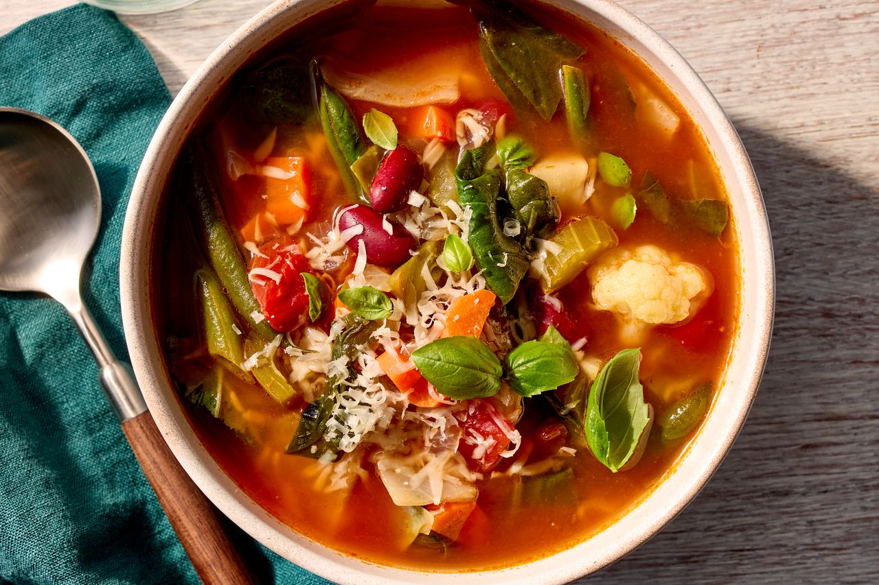 Recipe image of Veggistrone Credit: Photographer: Jake Sternquist, Food Stylist: Annie Probst, Prop Stylist: Breanna Ghazali