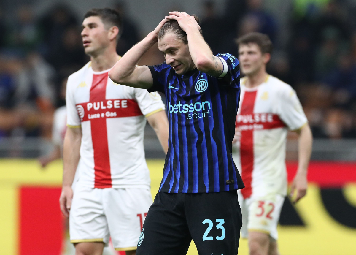 MILAN, ITALY - FEBRUARY 28: Nicolo’ Barella of FC Internazionale reacts during the Serie A match between FC Internazionale and Genoa CFC at Giuseppe Meazza Stadium on February 28, 2026 in Milan, Italy. (Photo by Marco Luzzani/Getty Images)