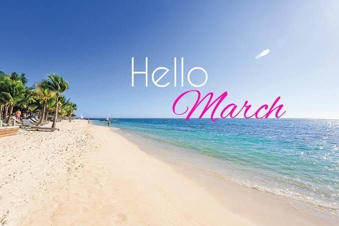 This may contain: there is a beach with palm trees and the words hello march in pink on it