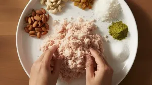 Mixing coconut and dry fruits filling