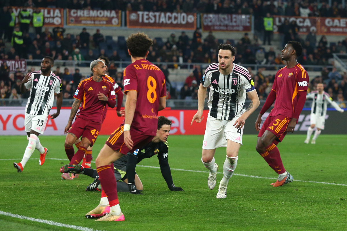ROME, ITALY - MARCH 01: Federico Gatti of Juventus celebrates scoring their third goal during the Serie A match between AS Roma and Juventus FC at Stadio Olimpico on March 01, 2026 in Rome, Italy. (Photo by Paolo Bruno/Getty Images)