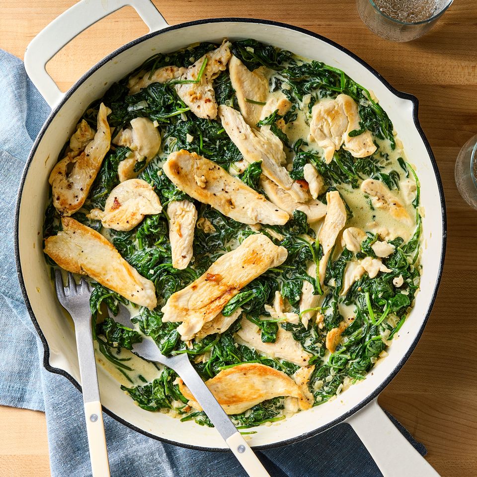 Recipe image of One-Pan Chicken Florentine. Credit: Photographer: Kelsey Hansen, Prop Stylist Natalie Ghazali, Food Stylist: Shannon Goforth.