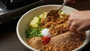Mixing roasted makhana, potatoes, spices, and herbs in a bowl.