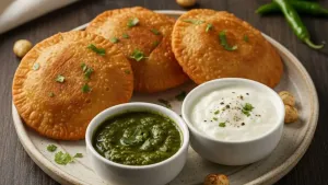 Makhana kachori served with green chutney and yogurt dip.