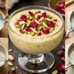 Pour the prepared mousse into serving glasses or bowls and garnish with almonds, pistachios, and rose petals.