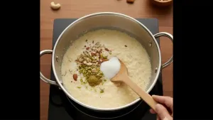 When the milk reduces to half, add sugar, cardamom powder, and chopped dry fruits; cook on low heat until thick and set aside to cool.