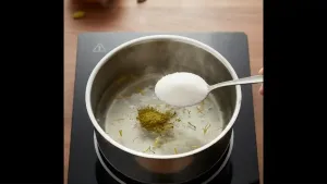Prepare sugar syrup by boiling sugar and water in a pan; add cardamom powder and saffron to make a light one-string consistency.