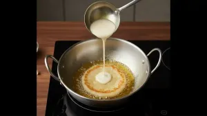 Pour a ladleful of batter into the hot ghee and fry until golden brown and slightly crisp on both sides.