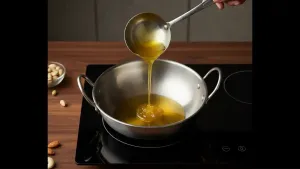 Heat ghee in a deep pan on medium-low flame for frying the malpua.