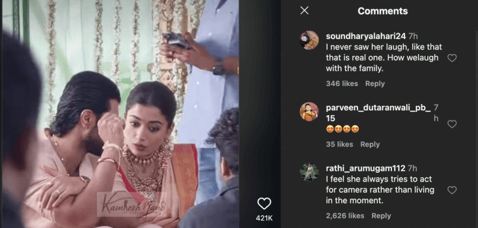 Rashmika blushes and gazes at Vijay during puja; jumps in joy while greeting village crowd; fans call it 'cringe overacting'