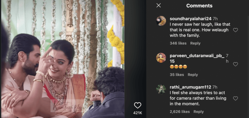 Rashmika blushes and gazes at Vijay during puja; jumps in joy while greeting village crowd; fans call it 'cringe overacting'