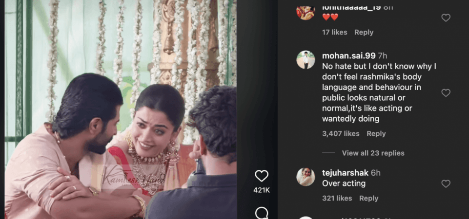 Rashmika blushes and gazes at Vijay during puja; jumps in joy while greeting village crowd; fans call it 'cringe overacting'