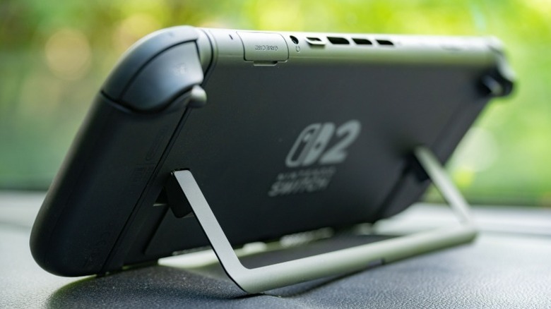 Nintendo Switch 2 resting on its kickstand