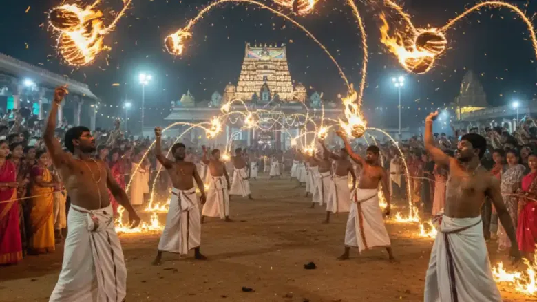 A wide-angle, cinematic shot set in front of a grand, illuminated South Indian-style temple at night. A row of men, dressed in traditional white dhotis and bare-chested, stand in a line. They are swinging bundles of burning embers on ropes, creating brilliant, glowing orange arcs of fire that streak through the dark air.