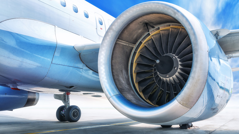 A close-up of a jet engine on a large jet