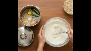 Drain the soaked dal and grind it with ginger, green chilies, and salt to make a smooth batter, then whisk it for 4–5 minutes to make the bhallas light and spongy.