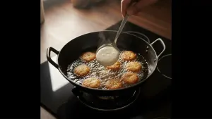 Drop small portions of the batter into the hot oil using your hand or a spoon and fry until they become golden brown and crisp.