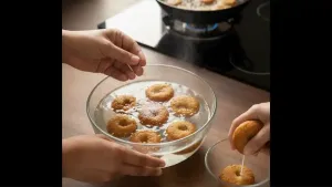 Soak the fried bhallas in lukewarm water with a little salt and a pinch of asafoetida for 15–20 minutes, then gently press to remove excess water.