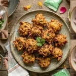 Place the golden pakoras on a platter and serve immediately with flavorful chutneys or ketchup for a perfect festive snack.