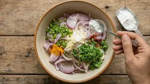 Add 1 cup of gram flour to the onions, then mix in turmeric, red chili powder, carom seeds, coriander powder, and salt to taste until everything is well combined.