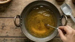Heat oil in a deep pan for frying, making sure it is properly hot so the pakoras turn crispy and do not absorb excess oil.