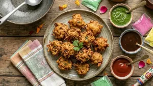Remove the pakoras onto a plate and serve hot with green chutney, tamarind chutney, or tomato ketchup—perfect for enjoying during Holi celebrations.