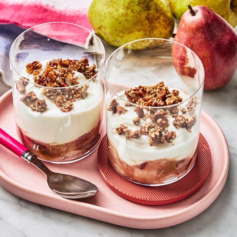 A recipe image of Pear-Yogurt Parfait Credit: Photographer: Greg Dupree, Prop Stylist: Julia Bayless, Food Stylist: Chelsea Zimmer.