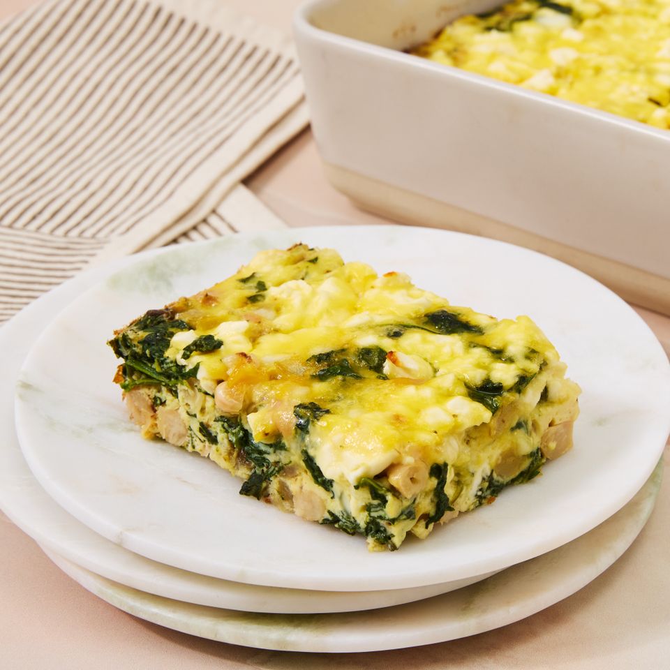 A recipe image of Spinach & White Bean Egg Bake with Feta Credit: Photographer: Alex Huang.