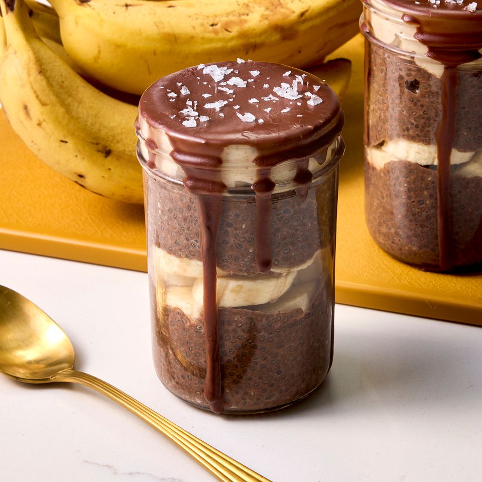 A recipe image of Chocolate-Banana-Peanut Butter Chia Pudding. Credit: Photographer: Robby Lozano, Food Stylist: Craig Ruff, Prop Stylist: Prissy Montiel.