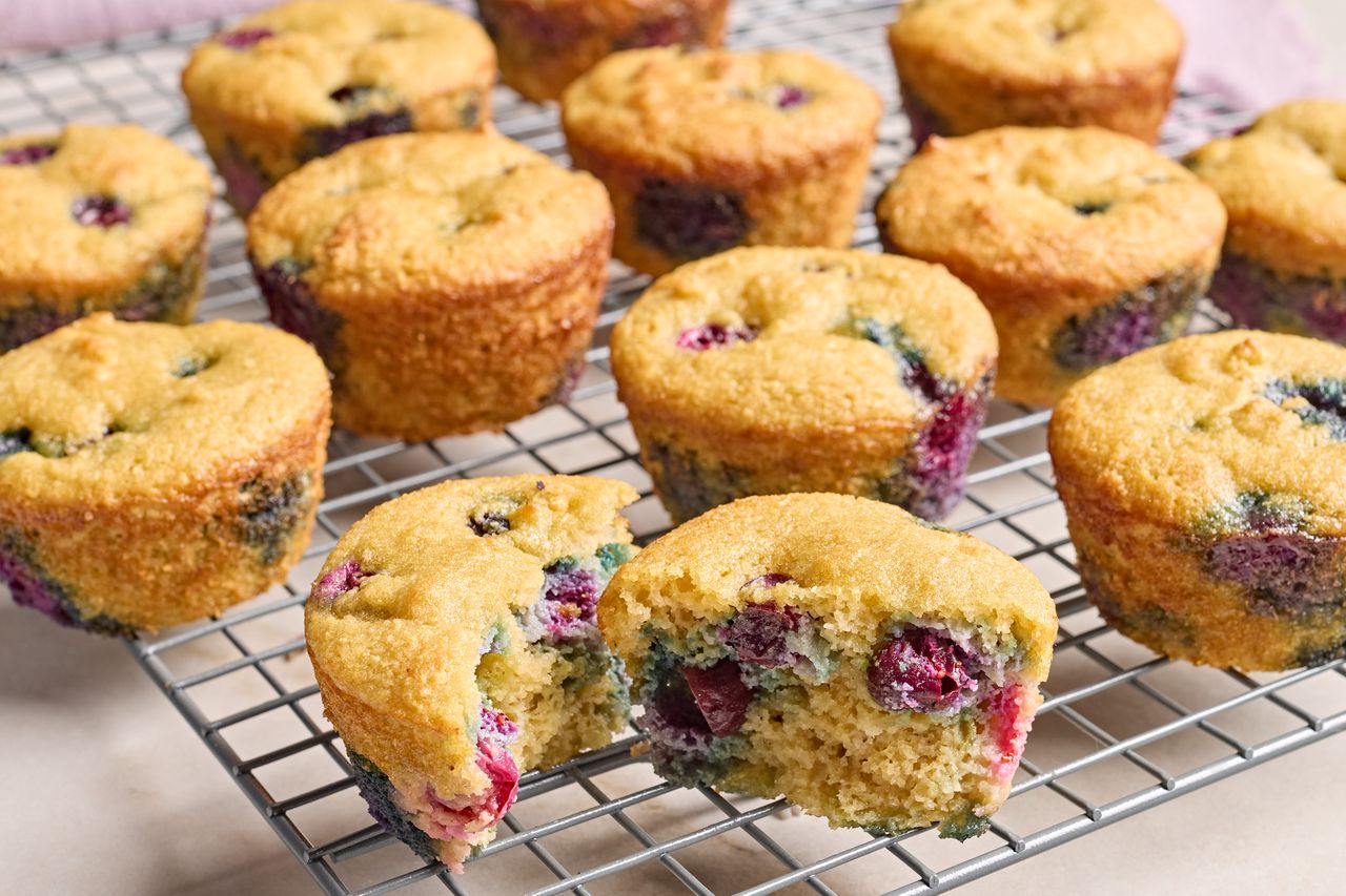 A recipe image of Low-Carb Blueberry Muffins. Credit: Photographer: Jake Sternquist, Food Stylist: Lauren McAnelly, Prop Stylist: Lexi Juhl.