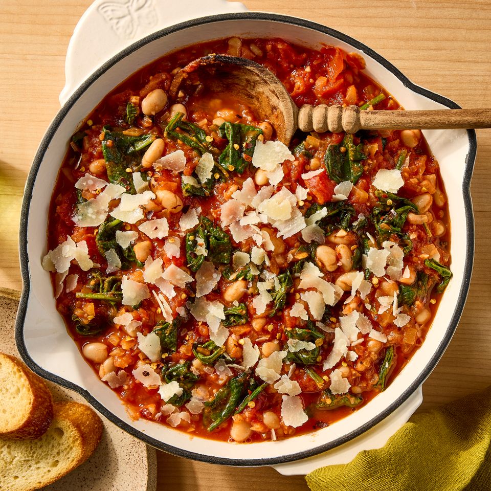 A recipe image of Easy White Bean Skillet. Credit: Photographer: Jen Causey, Food Stylist: Jennifer Wendorf, Prop Stylist: Phoebe Hausser.