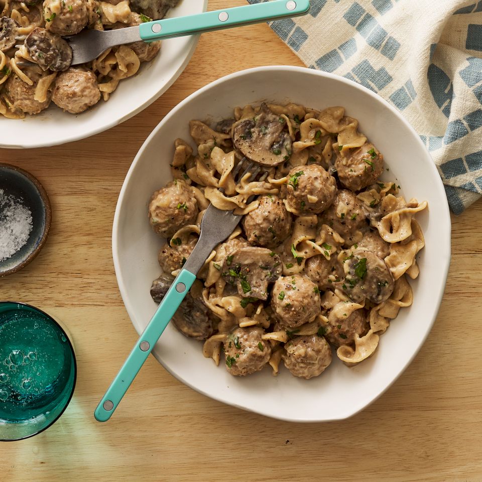 a recipe photo of the Meatball Stroganoff Credit: Photographer: Fred Hardy, Food Stylist: Jennifer Wendorf, Prop Stylist: Lydia Purcell