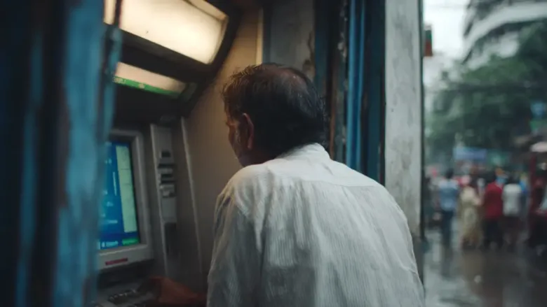 Person using ATM machine to withdraw cash in India