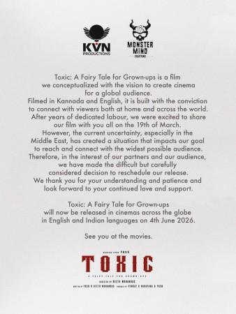Yash's Toxic postponed to June 4, amid Middle East tensions Yash's Toxic postponed to June 4, amid Middle East tensions
