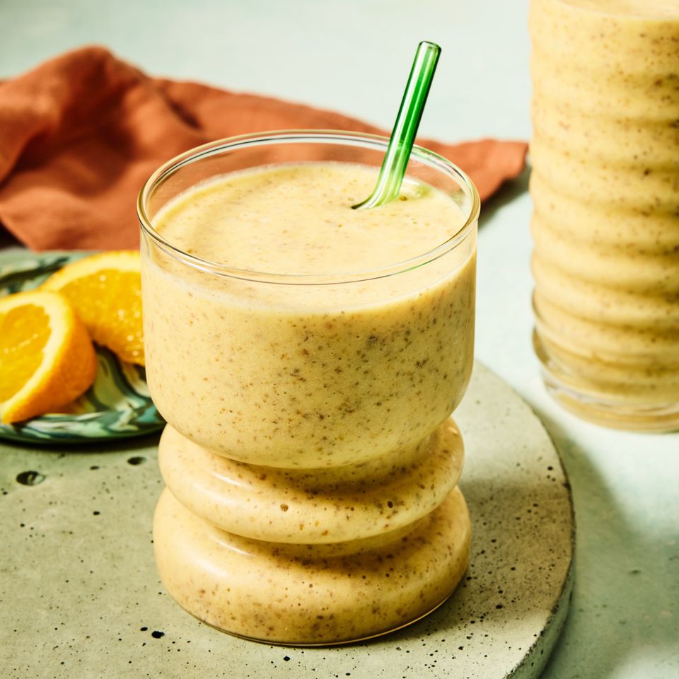 Recipe image of Orange-Peach Chia Seed Smoothie. Credit: Photographer: Morgan Hunt Ward, Prop Stylist: Phoebe Hauser, Food Stylist: Emily Nabors Hall.