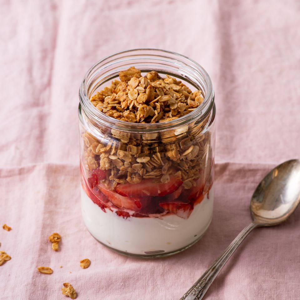 Strawberry Yogurt Parfait in a small jar Credit: Alexandra Shytsman