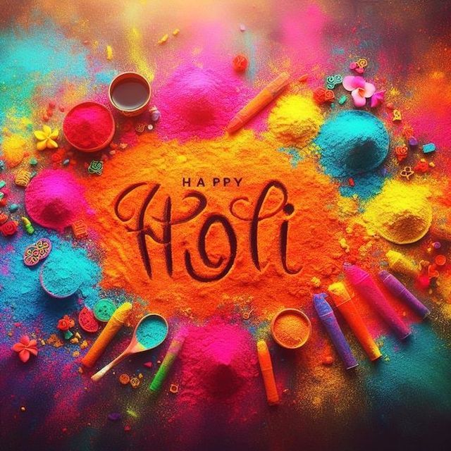 This may contain: happy holi written in the middle of colorful powders and spoons on a table