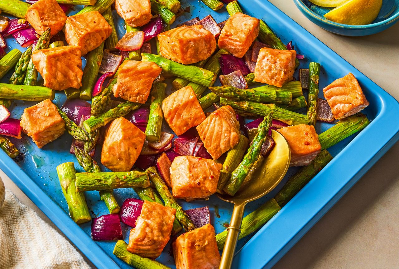 A recipe image of Sheet-Pan Balsamic Salmon & Asparagus. Credit: Photographer: Ali Redmond.
