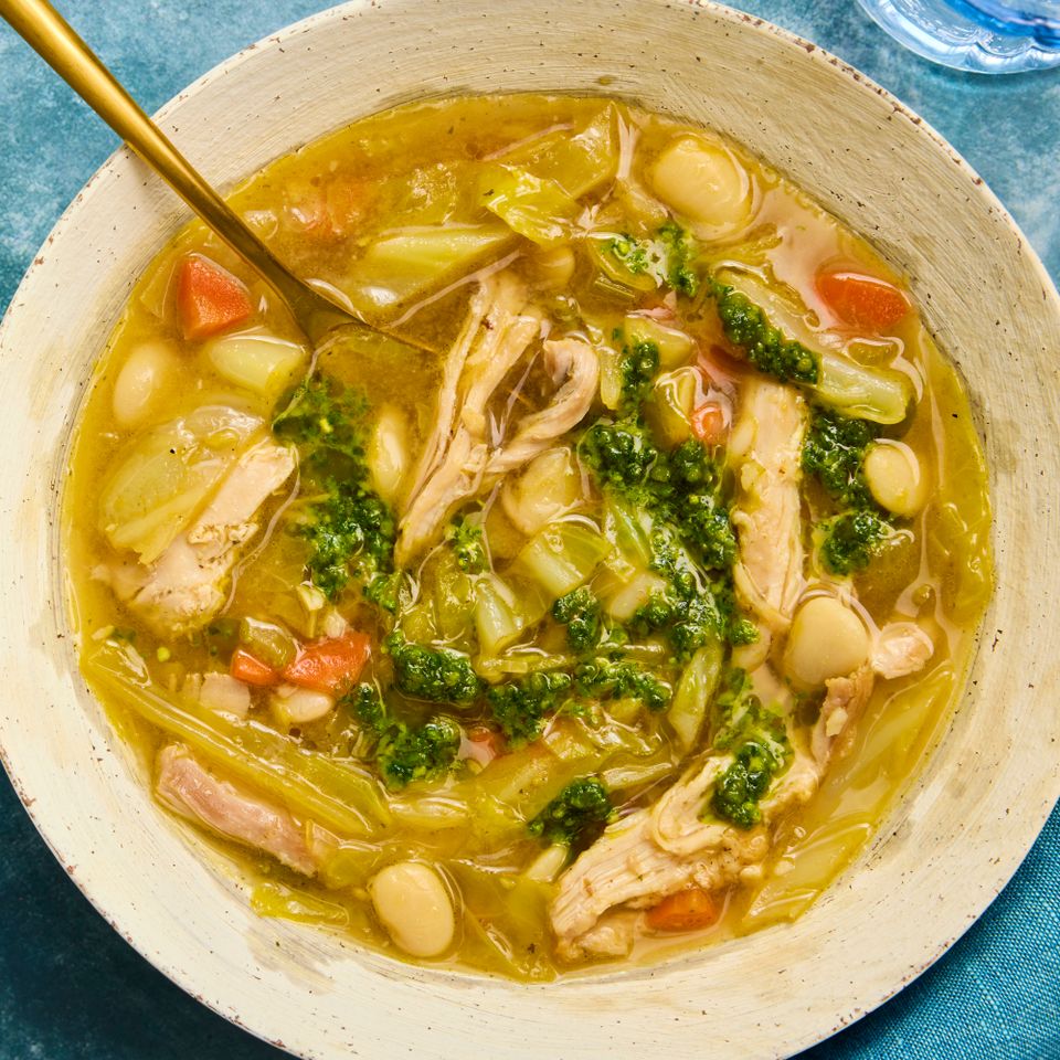Recipe image of One-Pot High-Protein Chicken, Cabbage & White Bean Soup Credit: Photographer: Stacy K. Allen, Prop Stylist: Keoshia McGhee, Food Stylist: Amanda Holstein.