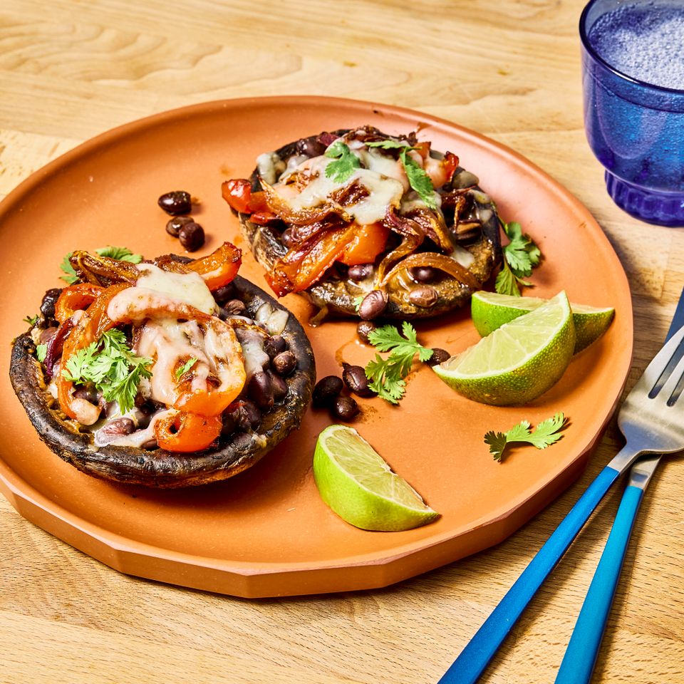 Recipe Image of Fajita-Stuffed Portobello Mushrooms Credit: Photographer: Morgan Hunt Glaze, Prop Stylist: Claire Spollen, Food Stylist: Chelsea Zimmer