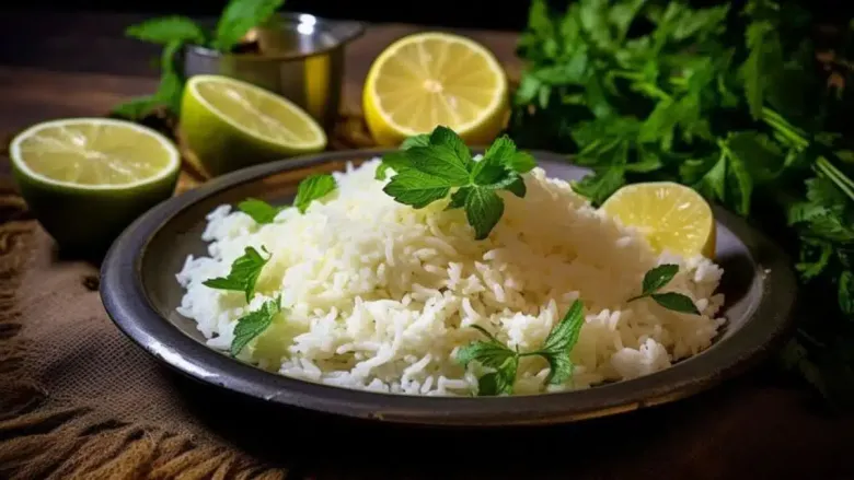 Lemon rice served in a beautiful plate