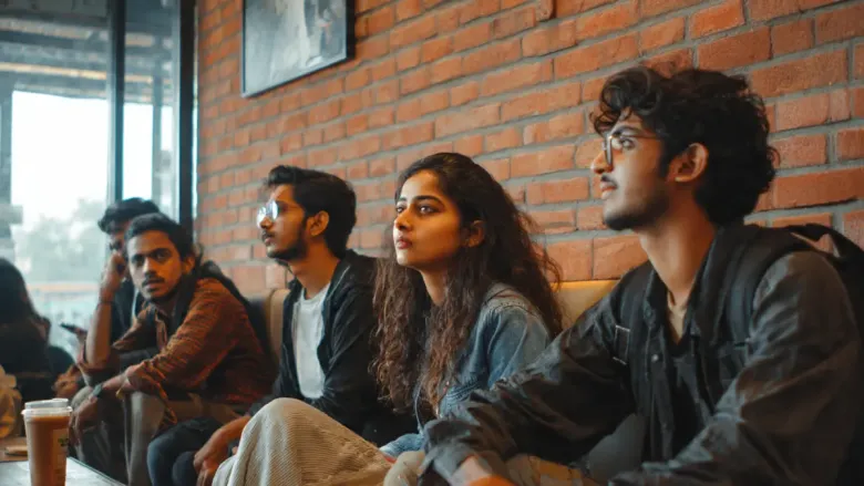 Group of Indian college students sitting together, some appearing stressed or emotionally withdrawn in a campus setting